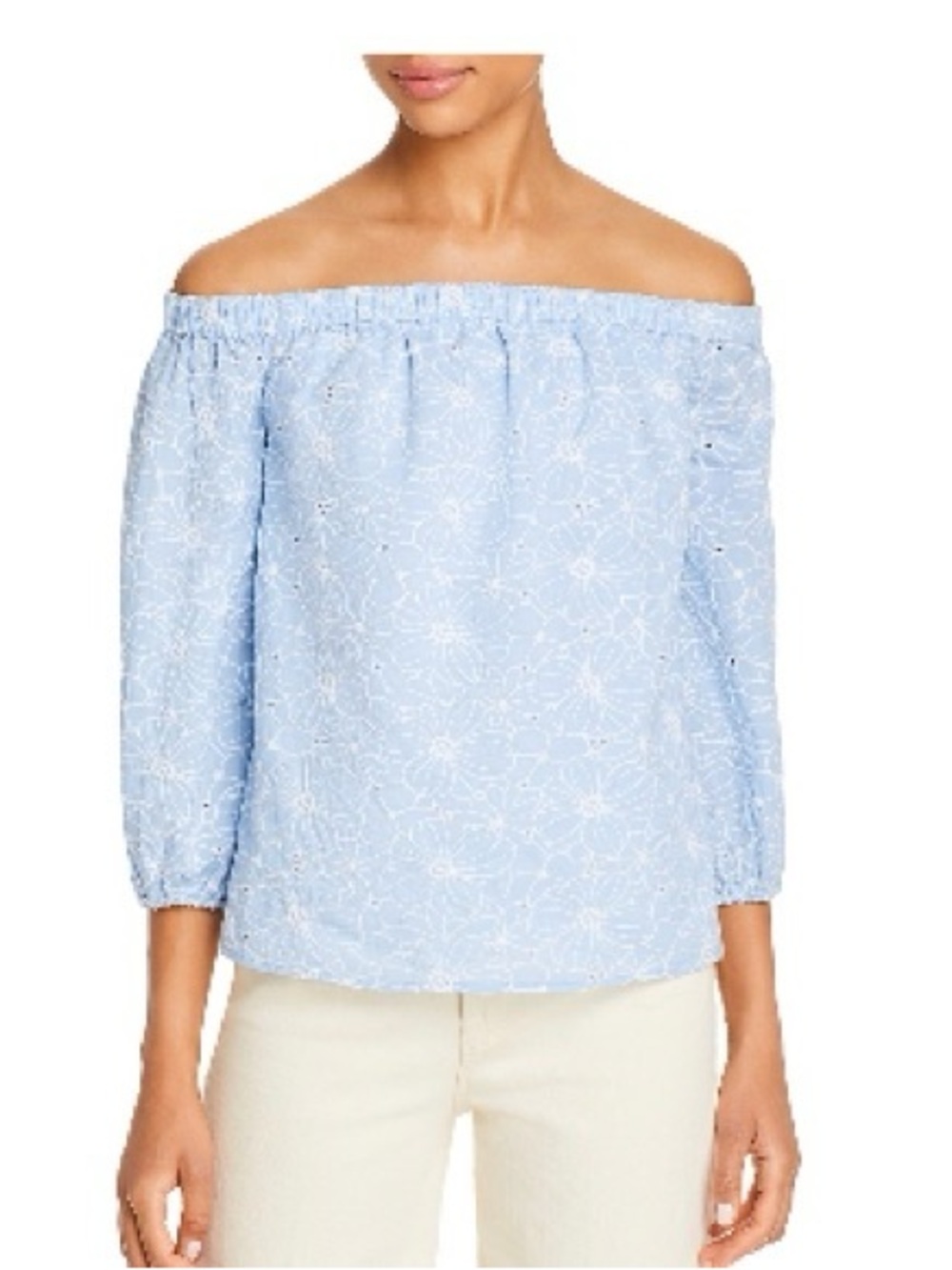 MILLY Coastal Boho Floral Eyelet Off-the-Shoulder Blouse M